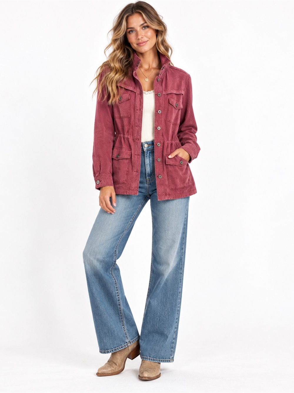 Ariat Dusty Rose Tencel Utility Jacket Safari Military Button Front Large